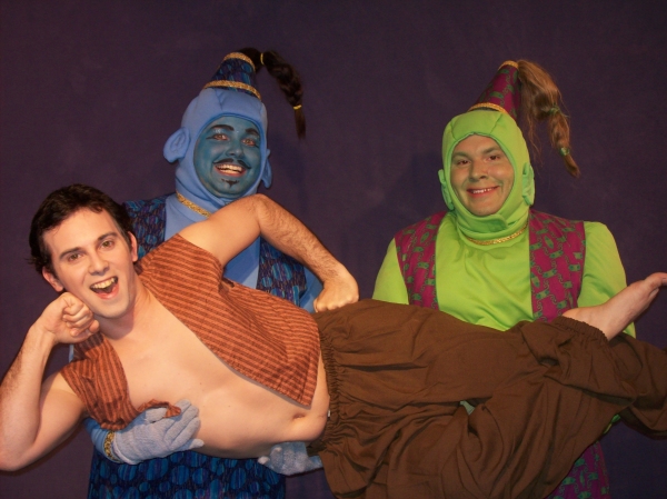 Gary Bernard DiNardo as Aladdin, Jordan Stocksdale as the Genie of the Ring, and Jere Photo